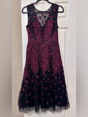BCBGMaxAzria Black Dress with Deep Berry Floral Embroidery
